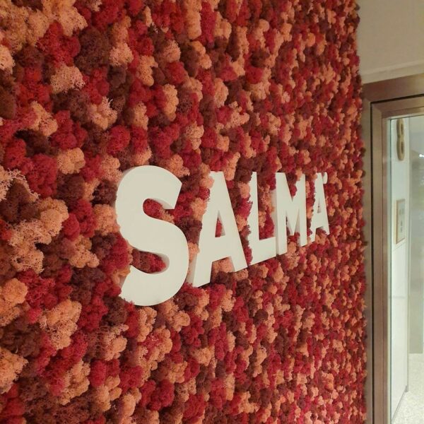 Lyddempende mosevegg med lekre farger på kontoret til Salma