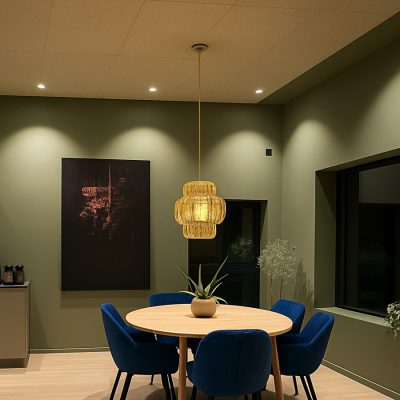 Akustikkplater i himling for lyddemping av åpen kjøkkenløsning